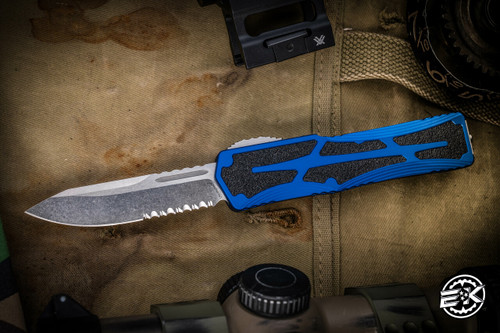 Heretic Knives "Colossus" OTF Blue  Aluminum 3.5" Drop Point Stonewash Serrated H039-2B-BLU (Preowned)
