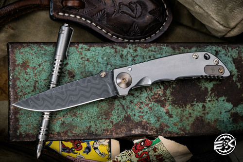 Spartan Blades Custom Harsey Folder Knife Satin Titanium, Bronze HW 3.25" Damascus
