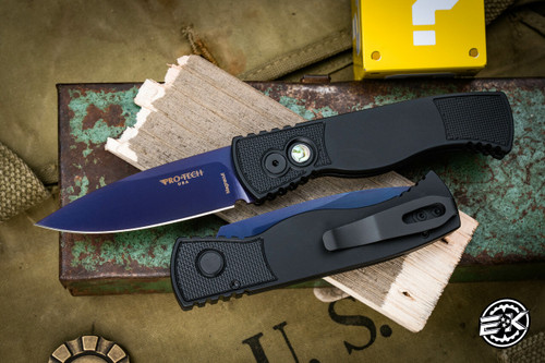 ProTech TR-2 Tactical Response Auto Folding Knife Black Aluminum Abalone Button 3" MagnaCut Sapphire Blue-T203-SB