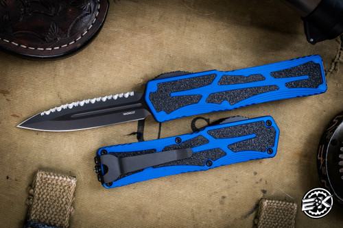 Heretic Knives "Colossus" OTF Automatic Knife Blue 3.5" DLC Dagger Serrated H041-6C-BLU