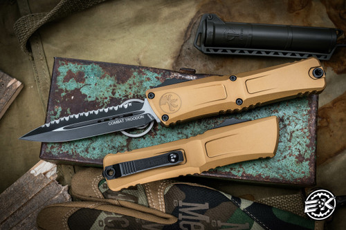 Microtech Combat Troodon Gen III OTF Automatic Knife Tan 3.8" Dagger Black Full Serrated 1142-3TA