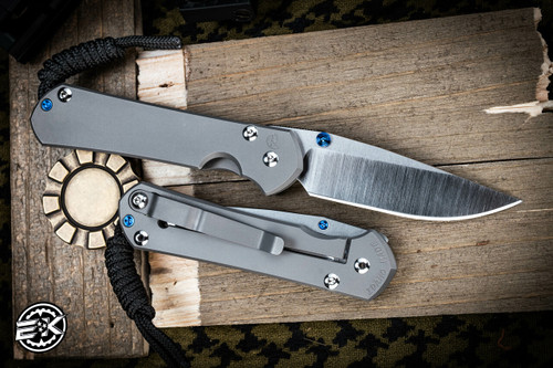Left Hand-Chris Reeve Knives Small Sebenza 31 Folding Knife Glass Blasted Titanium, Blue Accents 3" MagnaCut Drop Point  Polished S31-1017