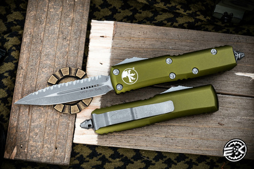 Microtech UTX-85 OD Green OTF 3" Dagger Stonewash Apocalyptic Serrated 232-12APOD