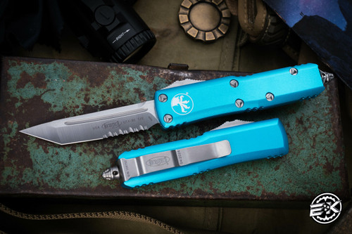Microtech UTX-85 OTF Automatic Knife Turquoise 3.1" Tanto Satin Serrated  233-5TQ