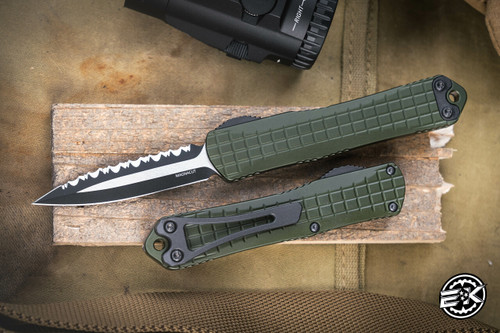 Heretic Knives Manticore S OTF Automatic Knife OD Green Frag 2.6" MagnaCut Dagger Two-Tone Serrated H024F-10C-GRN
