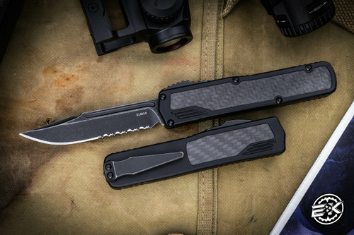 Guardian Tactical SCOUT OTF Automatic Knife Black/Carbon Fiber Inlay 3.4" Clip Point Dark Stonewash Serrated 142612