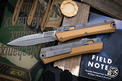 Microtech Glykon OTF Automatic Knife Tan Aluminum/Titanium 3.75" Bayonet Serrated Stonewash Apocalyptic  184-12APTA