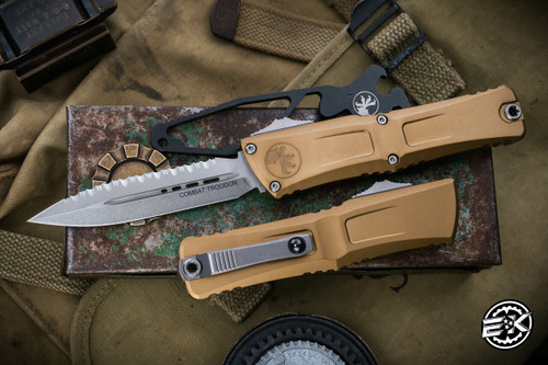 Microtech Combat Troodon Gen III OTF Automatic Knife Tan 3.8" Dagger Stonewash Serrated 1142-12TA