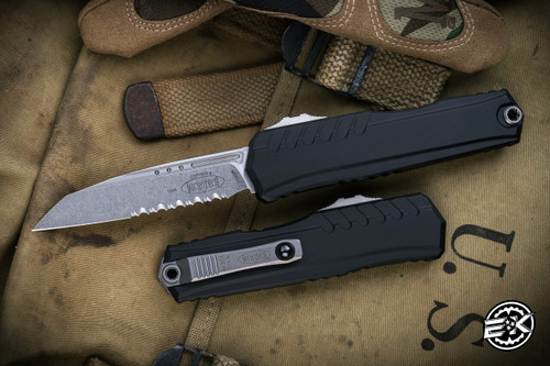 Microtech Cypher II OTF Automatic Knife Black 3.5" Wharncliffe Stonewash Serrated 1241-11