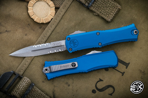 Microtech Hera Mini OTF Automatic Knife Blue 3" Bayonet Stonewash Serrated 1701M-11BL