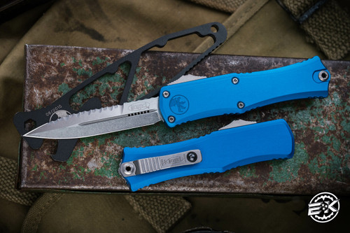 Microtech Hera II Mini OTF Automatic Knife Blue 3" Bayonet Stonewash Serrated 1701M-12BL