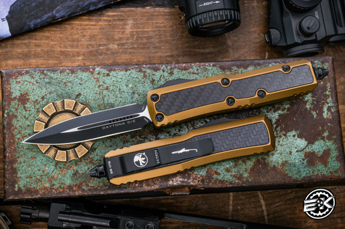 Microtech Daytona OTF Automatic Knife Tan w/ Carbon Fiber Inlay 3.1" Dagger Black 126-1TACFIS