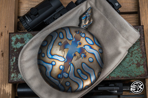 Preowned-Marfione Custom Blood and Iron Tactical Round Flask Flamed Titanium, Spike Cap w/ Tritium Inserts, 18 Year Jameson