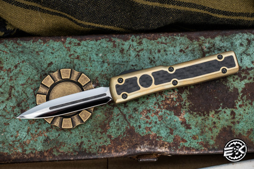 PREOWNED-Marfione Custom UTX-70 Brass/CF Inlay OTF Automatic Blue Accents 2.4" Dagger Mirror Polish