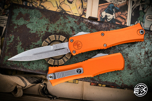 Microtech Hera II Mini OTF Automatic Knife Orange Aluminum 3" M390 Dagger Stonewash 1701M-10OR