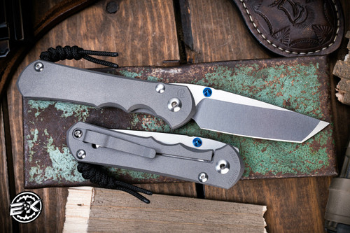 Left Hand-Chris Reeve Knives Large Inkosi Folding Knife Sandblasted Titanium, Blue Accents  3.6" MagnaCut Tanto Stonewash LIN-1043
