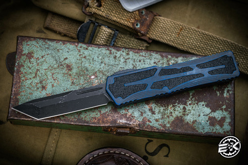 PREOWNED-Heretic Knives "Colossus" Breakthrough Blue OTF Knife Battleworn Black 3.5" Tanto H040-8A-BRKBLU