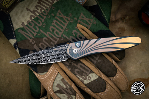 ProTech Newport Custom Titanium Green/Bronze Automatic Folding Knife, Abalone Button 3" Damascus 