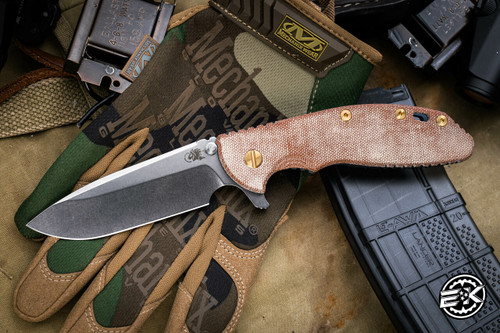 Hinderer Knives XM-24 4.0" Spearpoint Knife Natural Micarta, Brass Accents, Battle Blue