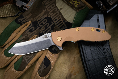 Hinderer Knives XM-18 3.5" Skinner Folding Knife Coyote G10, Brass Accents, Stonewash Blue Titanium 