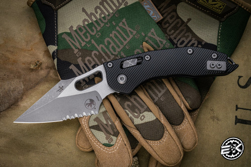 PREOWNED- Microtech/Borka Stitch Ram-Lok Manual Folder Black Fluted Aluminum 3.75" AP Stonewash Serrated 169RL-11APFL