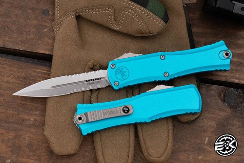 Microtech Hera Mini OTF Automatic Knife Turquoise 3" Dagger Stonewash Serrated 1702M-11TQ