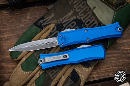 Microtech Hera Mini OTF Automatic Knife Blue 3" Dagger Apocalyptic Stonewash Full Serrated 1702M-12APBL 