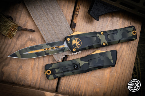 Microtech Combat Troodon Gen III OTF Automatic Knife Olive Camo Gold Accents 3.8" Black Dagger 1142-1OCGS