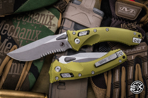 Microtech Amphibian Ram-LOK Folding Knife Fluted OD Green Aluminum 3.9" Apocalyptic Stonewash Serrated 137RL-11APFLOD
