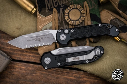 Microtech LUDT Automatic Folding Knife Black Aluminum/Grip Inlay 3.4" M390 Tanto Apocalyptic Stonewash Serrated 1136-12AP