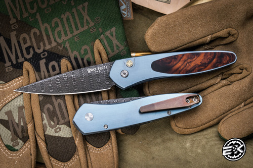 ProTech Newport Custom Titanium Blue Desert Ironwood Inlay, Automatic Folding Knife, Mosaic Button 3" Spirograph Damascus