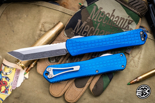 Heretic Knives Manticore X OTF Knife Blue Grenade Grip 3.75" Tanto Stonewash H031F-2A-BLU