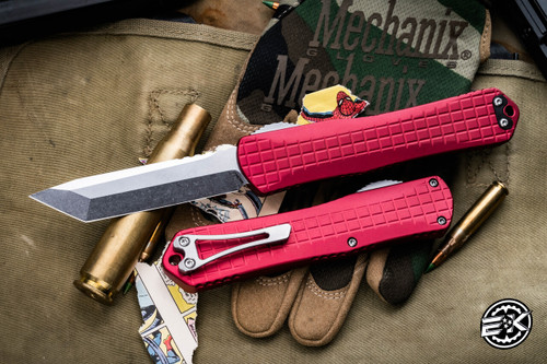 Heretic Knives Manticore X OTF Knife Red Grenade Grip 3.75" Tanto Stonewash H031F-2A-RED