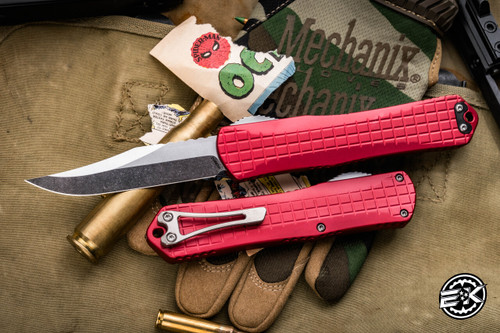 Heretic Knives Manticore X OTF Knife Red Grenade Grip 3.75" Bowie Stonewash H030BF-2A-RED