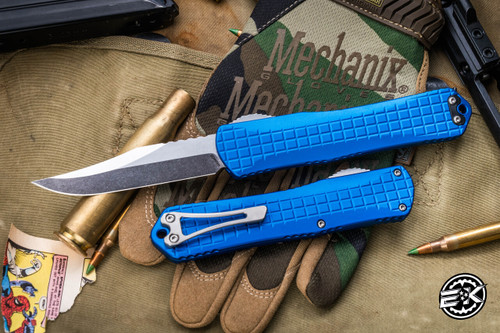 Heretic Knives Manticore X OTF Knife Blue Grenade Grip 3.75" Bowie Stonewash H030BF-2A-BLU