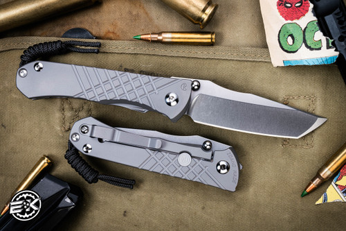 Left Hand-Chris Reeve Knives Umnumzaan Folding Knife Glass Blasted Titanium 3.6" MagnaCut Tanto Stonewash UMN-1015