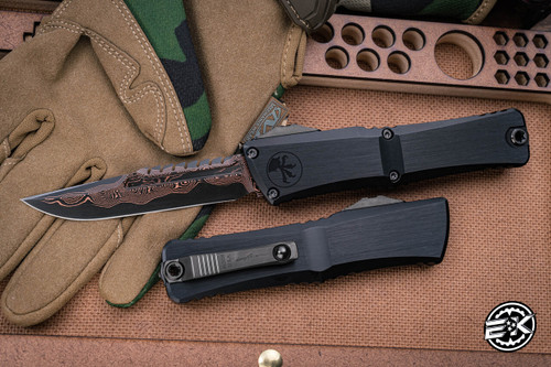 Microtech Combat Troodon Gen III OTF Hefted Black Aluminum 4" Interceptor Raindrop CopperMai Damascus 1217-16MS1