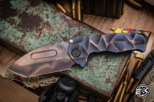 Medford Praetorian Genesis T Folding Knife Black/Bronze-Blue Stained Glass Sculpted Titanium 3.3" Vulcan Tanto