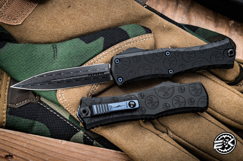 Microtech Hera II Mini OTF Claw Burst Engraved 3" Dagger Blue Herringbone Damascus 1702M-16MS1