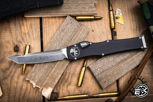 Preowned-Microtech Halo 6 VI Black OTF Tanto M390 Stonewash 250-10