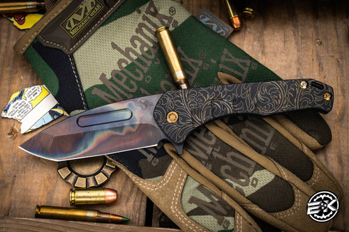 Medford Praetorian Slim Flipper Folding Knife DLC w/ Gold Filigree Titanium 3.3" Vulcan Tanto