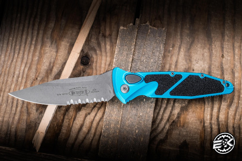 Microtech Socom Elite Automatic Folding Knife Turquoise/Grip Inlay 4" M390 Apocalyptic Serrated 160A-11APTQ