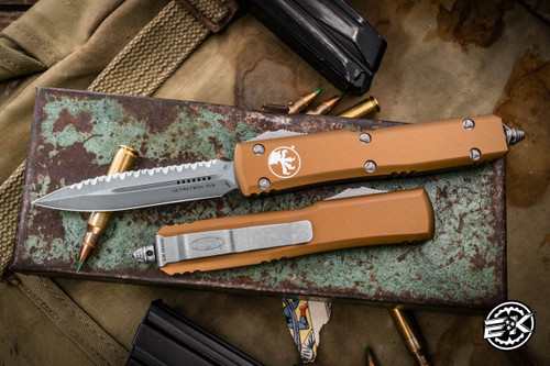 Microtech Ultratech OTF Automatic Knife Tan 3.4" Dagger Apocalyptic Stonewash Serrated 122-12APTA