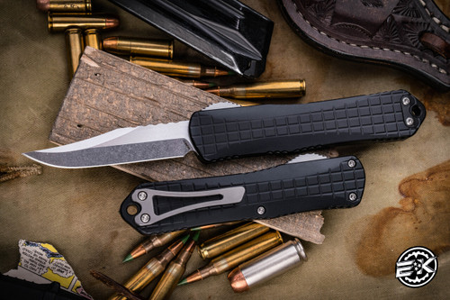 Heretic Knives Manticore E Black Grenade Grip OTF Knife 3" Stonewash Bowie H026BF-2A