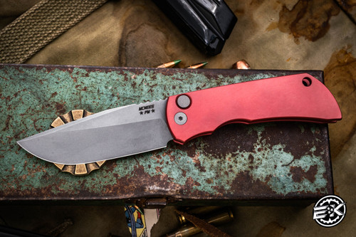PREOWNED-Mcnees Knives PM Mac 2 Automac Red Aluminum 3.25" Magnacut Stonewash
