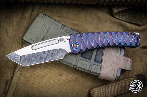 Medford Marauder-H Folding Knife Blasted Blue Flamed "DiamondHead" Sculpted Titanium 3.75" Tanto  MK045