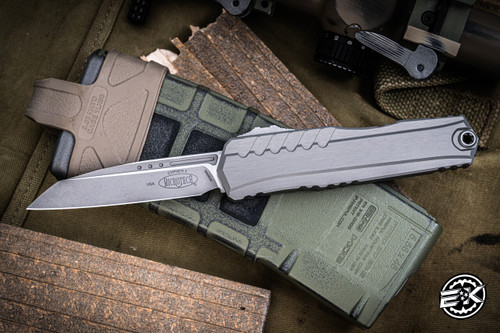Preowned-Microtech Cypher II OTF Automatic Knife Natural Clear Gray 3.5" Dagger Apocalyptic Stonewash 1242-10APNC
