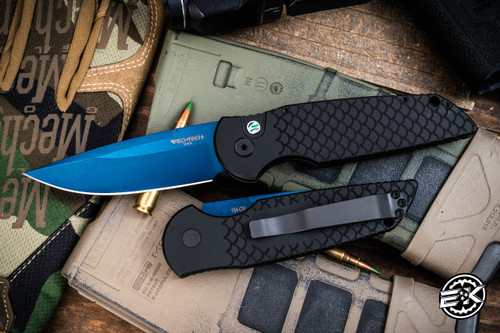  ProTech TR-3 X1 Automatic Folding Knife Black Fish Scale Aluminum 3.5" 154CM Clip Point Sapphire Blue