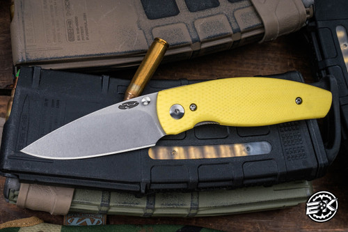 Three Rivers Manufacturing NEUTRON 2 Folding Knife Lizard Skin Sunshine Yellow G10 3" MagnaCut Stonewash