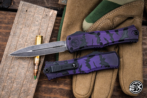 Microtech Hera II Mini OTF Automatic Knife Purple Halloween Bats 3" M390 Dagger Black 1702M-1HWBAS